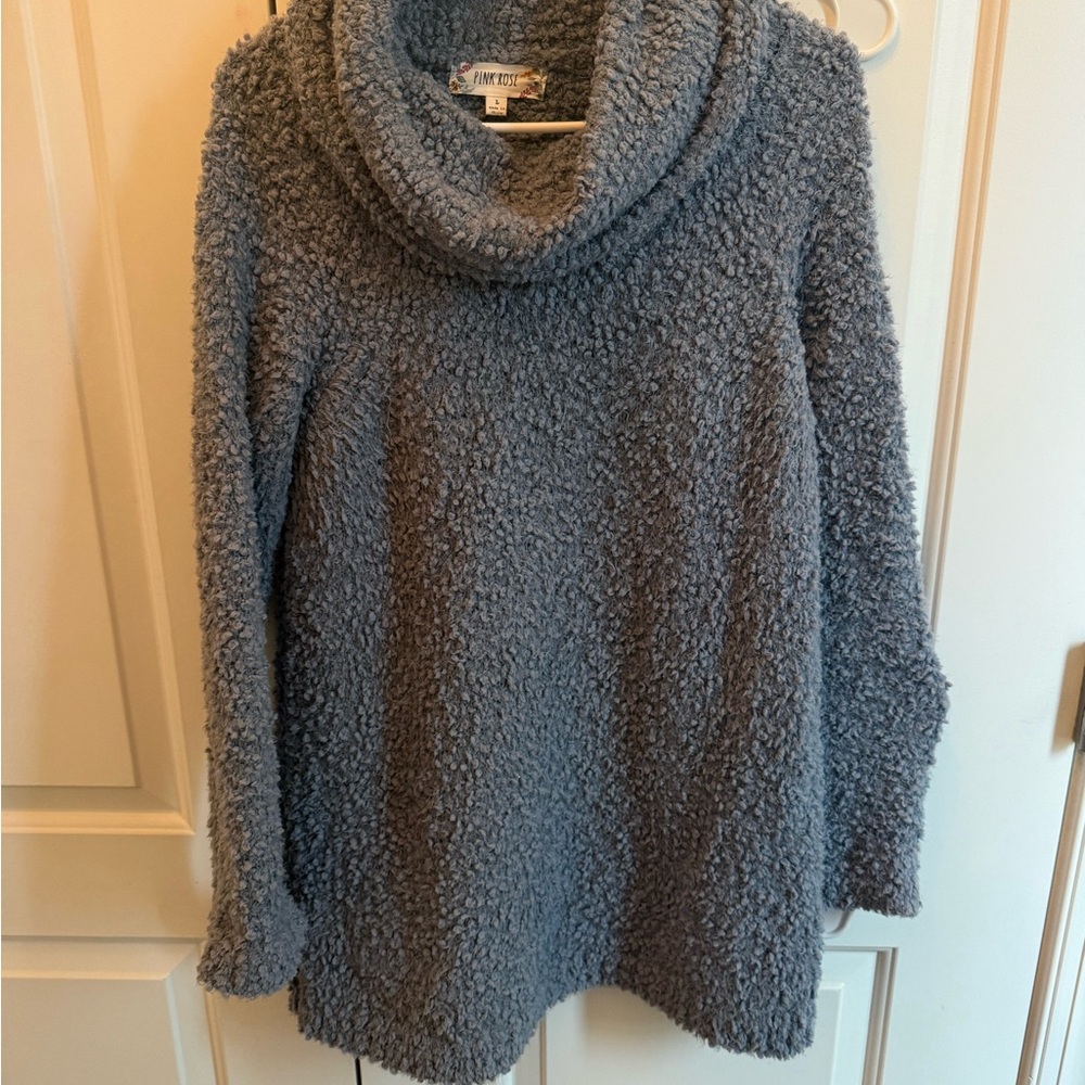 Pink Rose Plush Cowl Neck Sweater - Gray